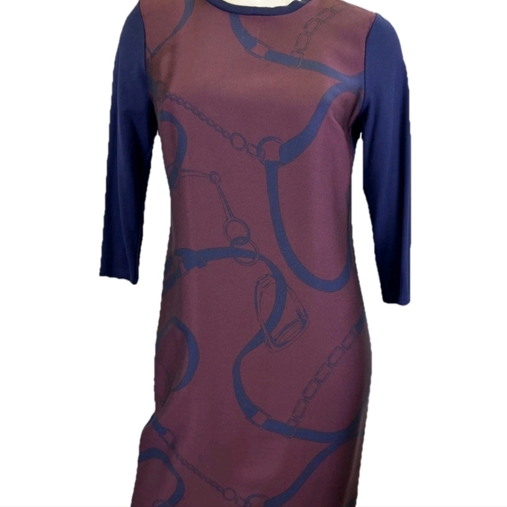 Lauren Ralph Lauren Women's XL Midi Straps &Stirrups Pattern Dress Burgundy/Navy